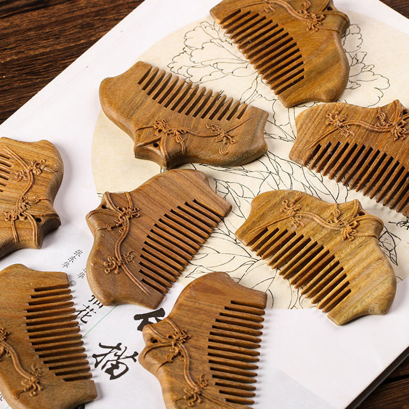 Buddha Stones Zielony Sandałowiec Kwiat Wzór Grawerowany Kojący Grzebień