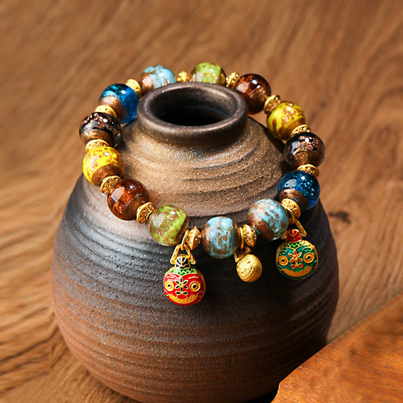 Buddha Stones Złota Połykająca Bestia Rodzina Charm Liuli Szklane Koraliki Bransoletka Fortuna