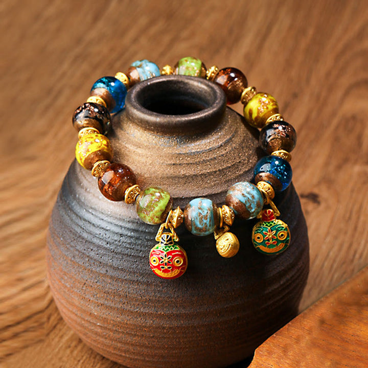 Buddha Stones Złota Połykająca Bestia Rodzina Charm Liuli Szklane Koraliki Bransoletka Fortuna