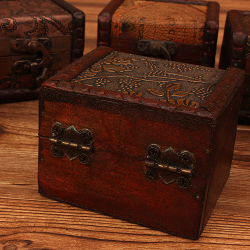 Buddha Stones Retro Małe Kwadratowe Drewniane Pudełko Na Biżuterię Kwiat Lotosu Trawa Winogrono Miedziana Moneta Żonkil Pudełko Do Przechowywania Biżuterii