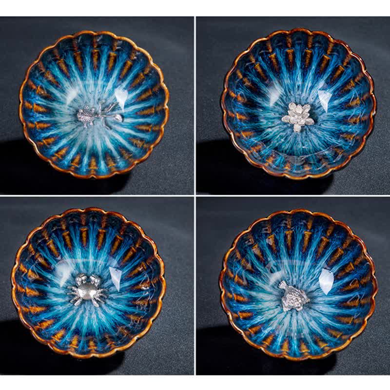 Buddha Stones Lotos Złota Rybka Pomyślny Smok Feniks Ceramiczny Filiżanka Do Herbaty Intarsjowane Filiżanki Do Herbaty 130ml