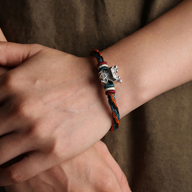 Buddha Stones Ręcznie robione 999 Srebro Sterling Rok Smoka Chiński Zodiaku Ochrona Kolorowa Reinkarnacja Węzeł Liny Bransoletka