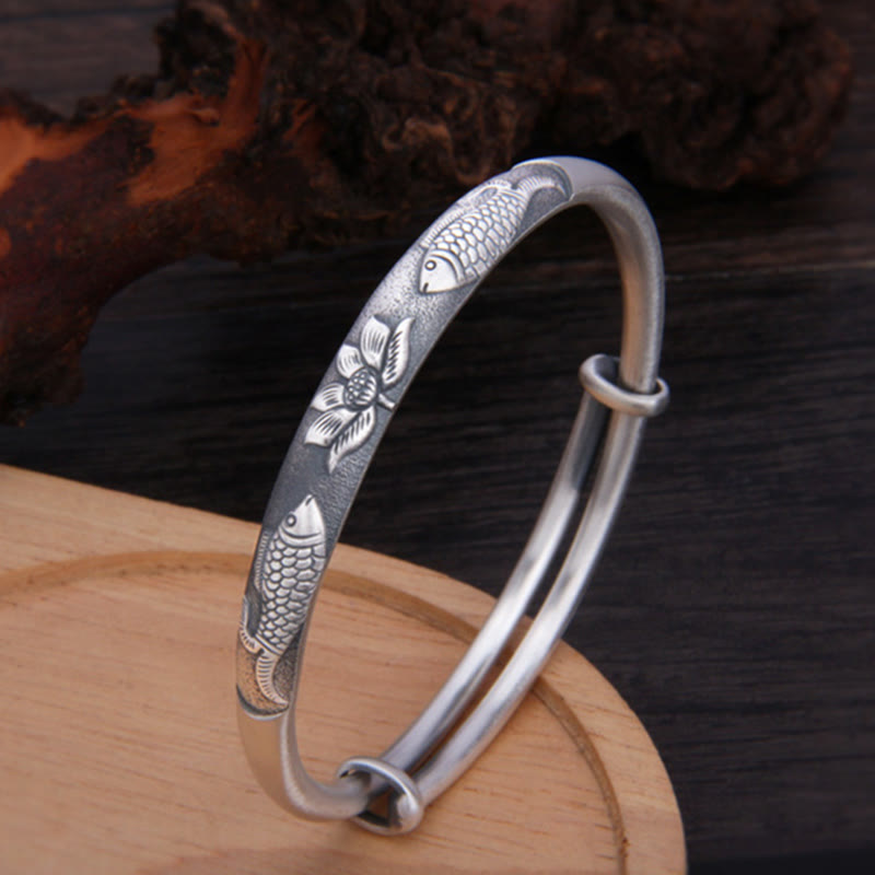 Buddha Stones 999 Srebro Sterling Ryba Koi Lotos Bogactwo Szczęście Bransoletka Bangle