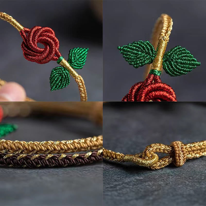 Buddha Stones Róża Kwiat Lina Ośmio-nitkowa Pokojowa Węzeł Szczęścia Bransoletka Ręcznie Robiona