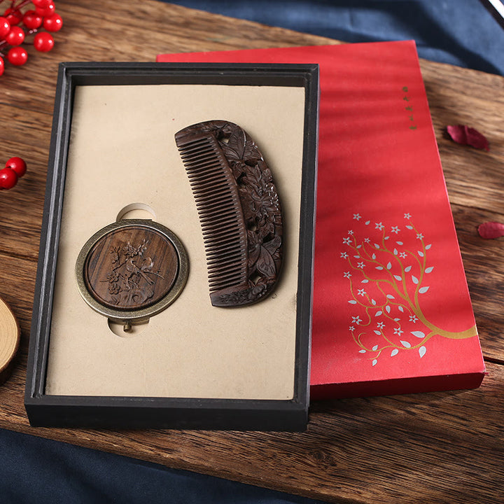 Naturalny zielony sandałowiec palisander kwiat lotosu paw motyl grawerowany kojący grzebień