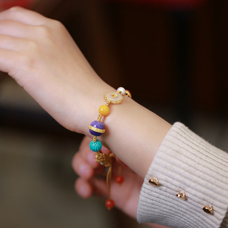 Bransoletka szczęścia z naturalnego srebra próby 925, jadeitu hetyjskiego, bursztynu i czerwonego agatu