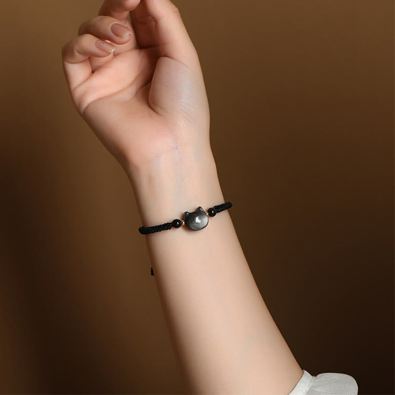 Buddha Stones Ręcznie robione Naturalne Srebrny Połysk Obsydian Truskawkowy Kwarc Uroczy Kot Ochrona Pleciona Bransoletka - image 7