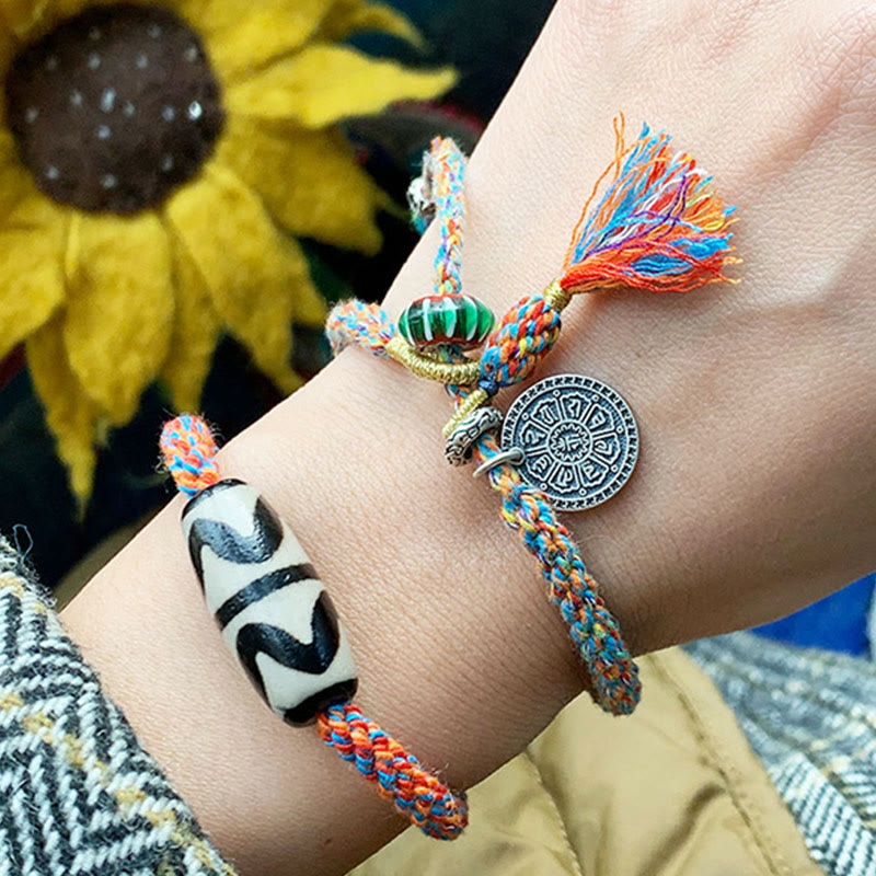 Bransoletka Om Mani Padme Hum z koralików Tybetańskich 925 Sterling Silver, ręcznie robiona Dzi Bead Protection Braid