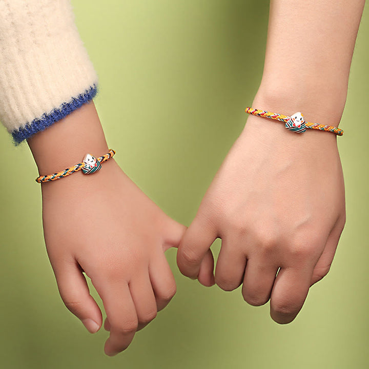 Buddha Stones 925 Srebro Sterling Festiwal Smoczych Łodzi Wzór Zongzi Szczęście Ręcznie Robione Wielokolorowe Liny Bransoletka Dla Dzieci Dorosłych