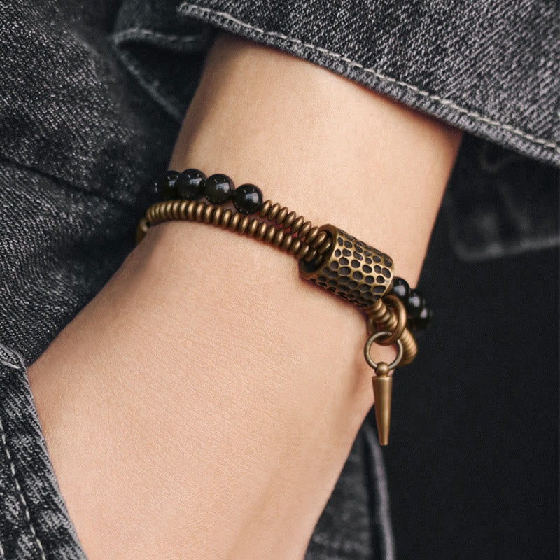 Bransoletka dwuwarstwowa z Buddha Stones, tęczowym obsydianem i miedzią, wewnętrzny spokój i uzdrawianie