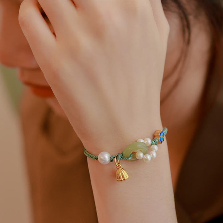 Buddha Stones Naturalny Jadeit Hetian Klamra Pokoju Perła Szczęścia Ręcznie Robiona Bransoletka Pleciona
