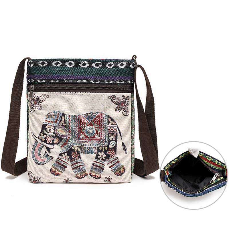 Buddha Stones Słoń Motyl Haftowana Płócienna Torba Tote Torba Na Ramię Torba Crossbody