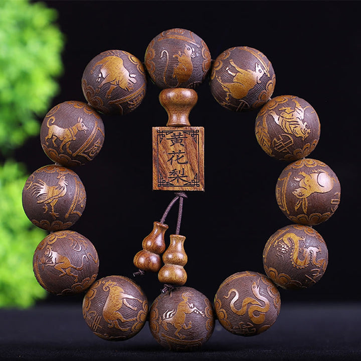 Buddha Stones Chiński Zodiak Palisander Ebony Miedź Moneta PiXiu Rzeźbiona Bransoletka Ciepło