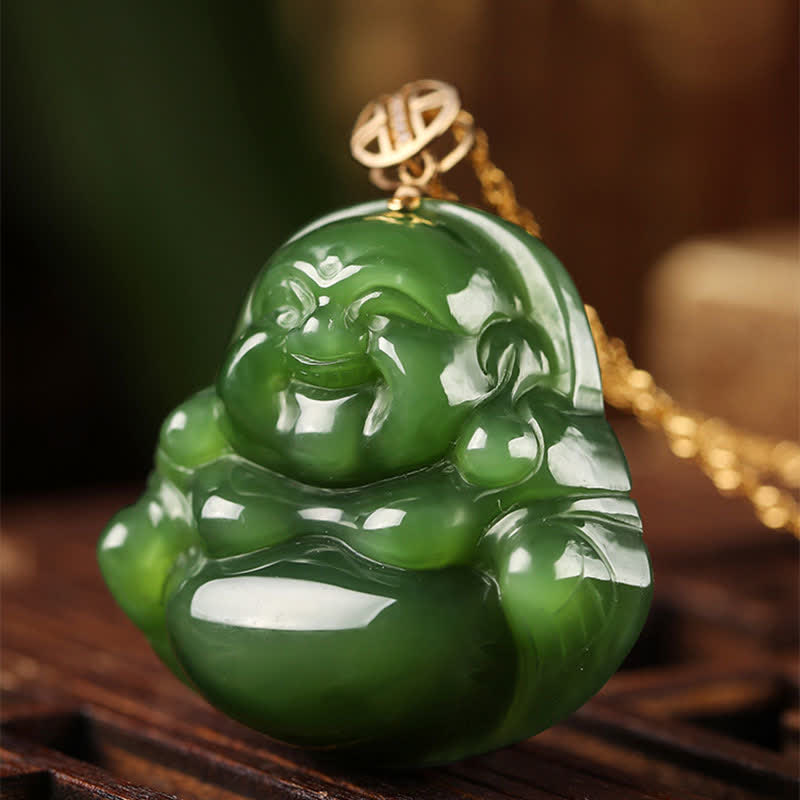925 Srebro Sterlingowe Śmiejący się Budda Hetian Cyan Jade 18K Złoty Naszyjnik Sukcesu Łańcuszek Wisiorek - image 7