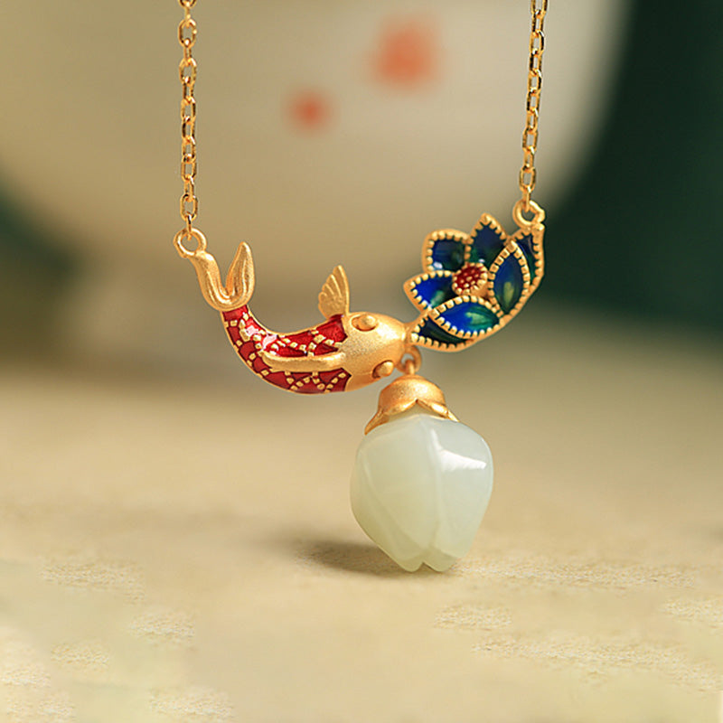 Buddha Stones 925 Srebro Sterling Biały Jade Koi Ryba Lotos Naszyjnik Ochrona Wisiorek - image 2