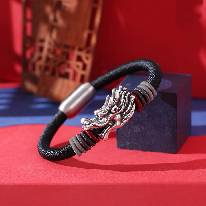 Buddha Stones 999 Srebro Sterlingowe Smok Szczęście Ręcznie Robiona Pleciona Bransoletka Dla Dzieci Dorosłych