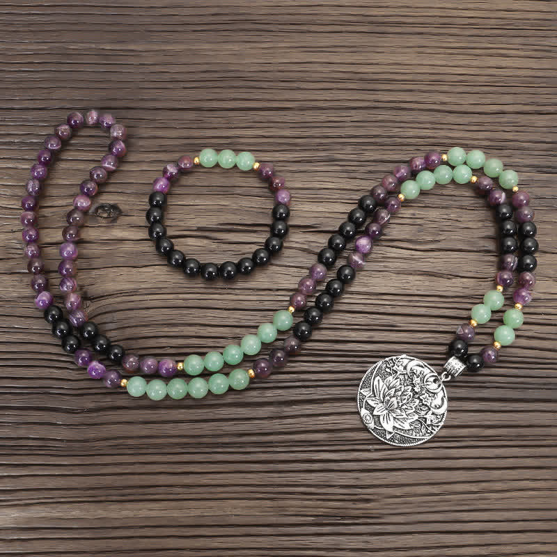 Buddha Stones 108 Mala Beads Ametyst Zielony Awenturyn Lotus Medytacyjna Bransoletka