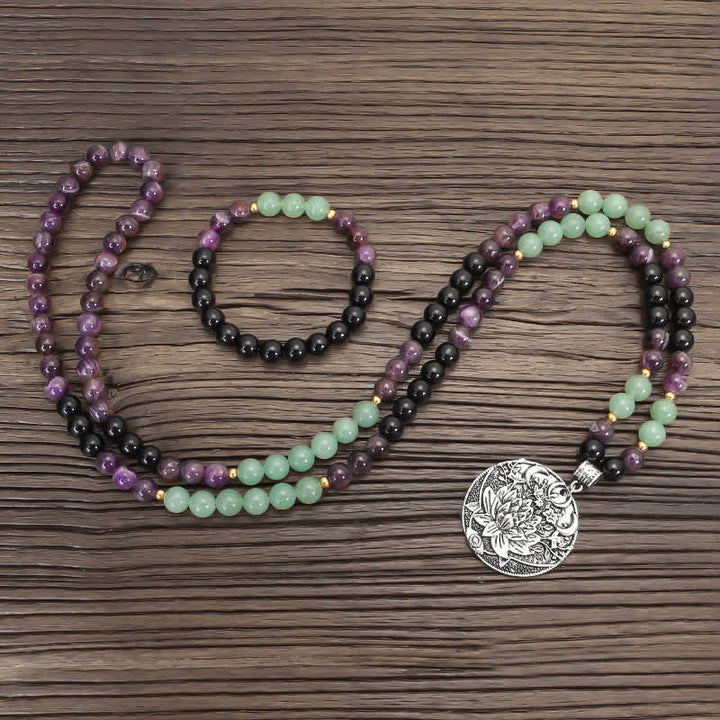 Buddha Stones 108 Mala Beads Ametyst Zielony Awenturyn Lotus Medytacyjna Bransoletka