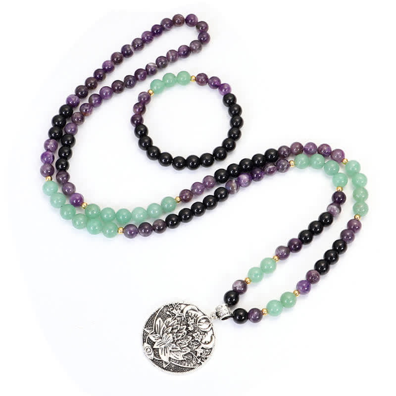 Buddha Stones 108 Mala Beads Ametyst Zielony Awenturyn Lotus Medytacyjna Bransoletka