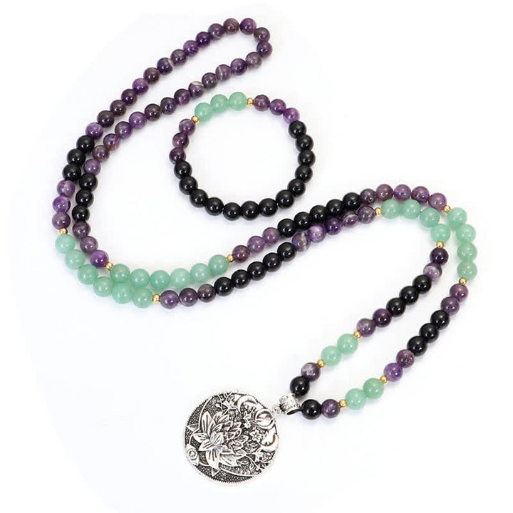 Buddha Stones 108 Mala Beads Ametyst Zielony Awenturyn Lotus Medytacyjna Bransoletka