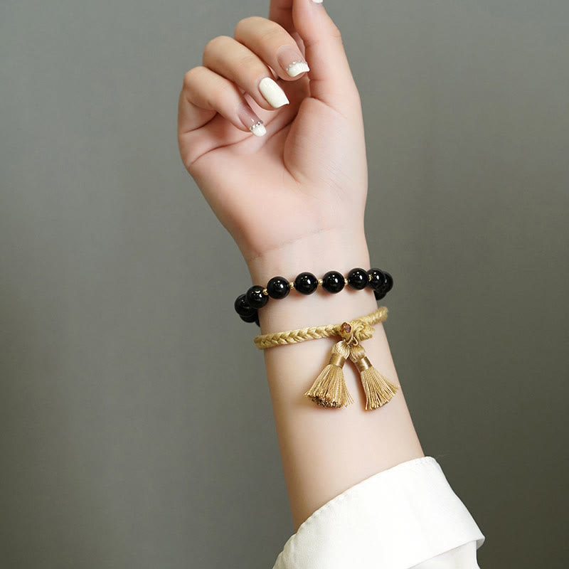 Buddha Stones 2 szt. Czarny Onyks Koraliki Wsparcie Ochrona Bransoletka Sznurkowa