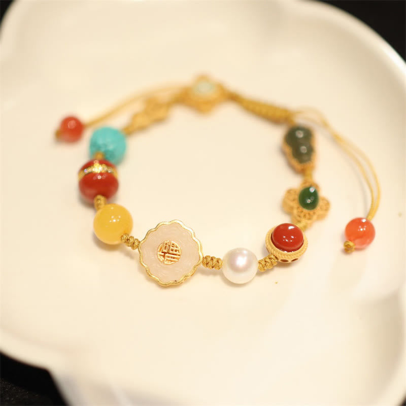 Bransoletka szczęścia z naturalnego srebra próby 925, jadeitu hetyjskiego, bursztynu i czerwonego agatu