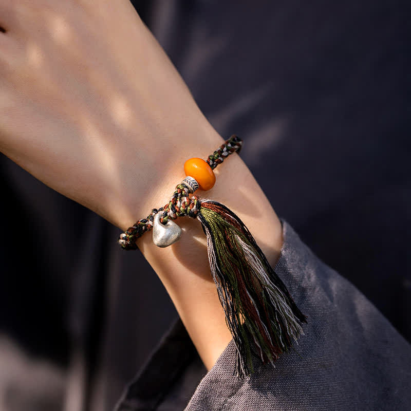 Bransoletka ochronna z bursztynu, waga Steelyard, srebro próby 990, wykonana z Tybetu, ręcznie robiona