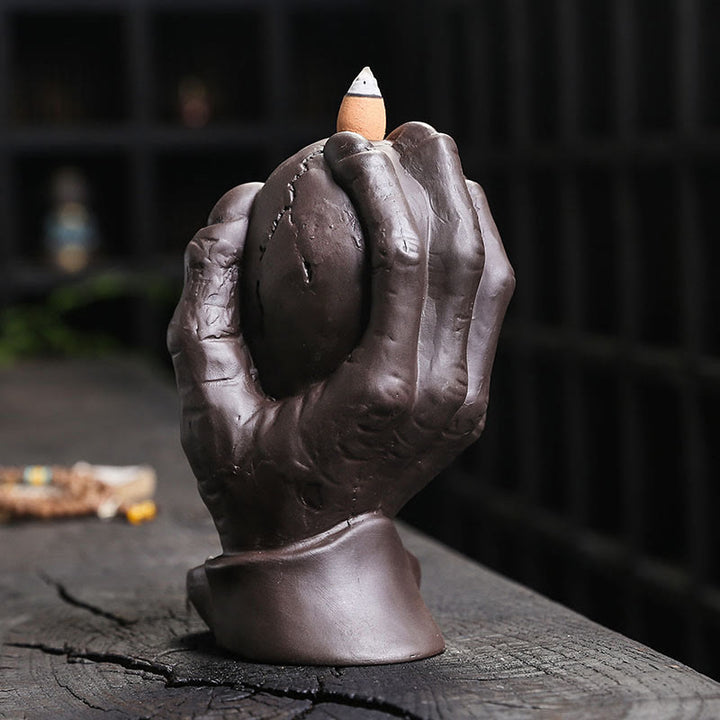 Buddha Stones Halloween Czaszka Z Dłonią Ducha Fioletowa Glina Duchowy Kadzielnica Dekoracja