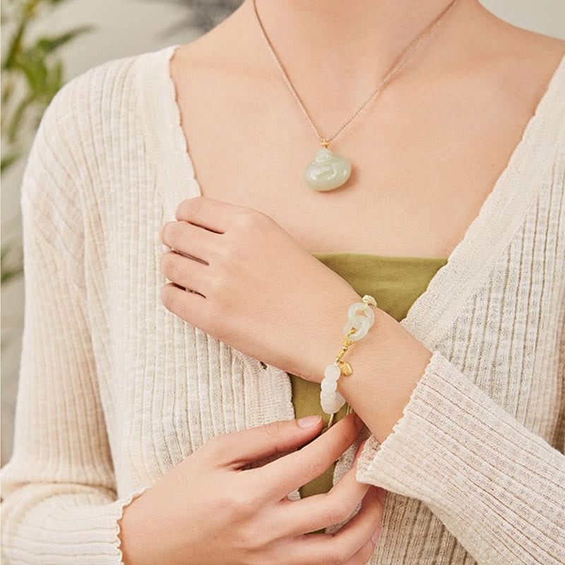 Buddha Stones Naturalne Koraliki Jadeitu Hetian Podwójna Klamra Pokoju Fu Charakter Obfitości Bransoletka Pleciona