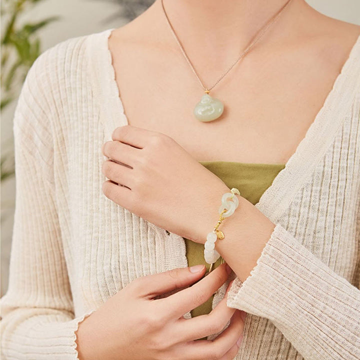 Buddha Stones Naturalne Koraliki Jadeitu Hetian Podwójna Klamra Pokoju Fu Charakter Obfitości Bransoletka Pleciona