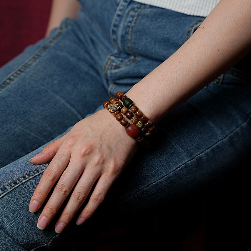 Buddha Stones Tybetańskie Nasiona Bodhi Bursztyn Dzi Koralik Agat Zakiram Bogini Bogactwa Koraliki Bransoletka Potrójnie Owijana