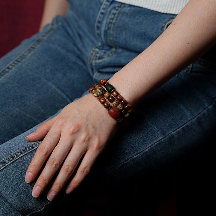 Buddha Stones Tybetańskie Nasiona Bodhi Bursztyn Dzi Koralik Agat Zakiram Bogini Bogactwa Koraliki Bransoletka Potrójnie Owijana