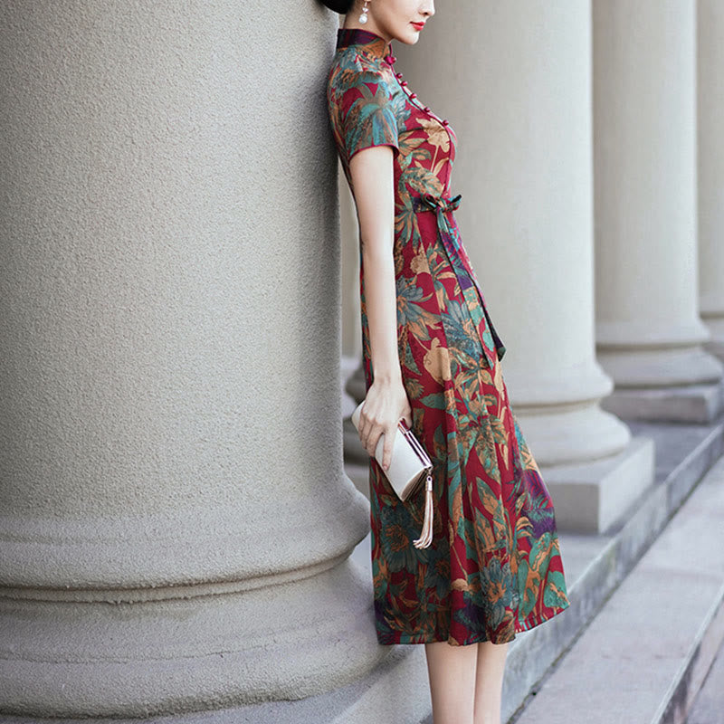 Suknia Qipao z Buddha Stones z jedwabiu w stylu retro z wzorem liści kwiatów i kwiatów, damska sukienka Cheongsam