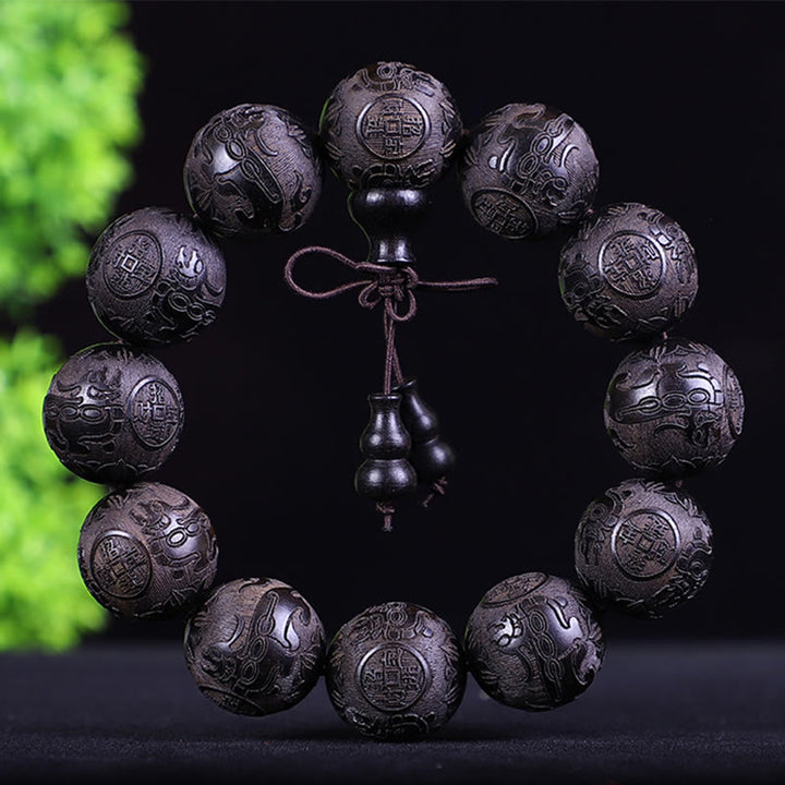 Buddha Stones Chiński Zodiak Palisander Ebony Miedź Moneta PiXiu Rzeźbiona Bransoletka Ciepło