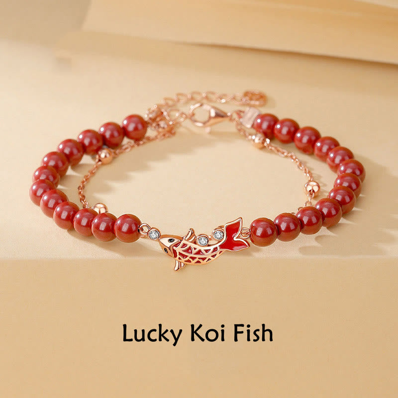 Bransoletka z podwójnym łańcuszkiem Buddha Stones 925 Sterling Silver Lucky Koi Fish Cinnabar Zircon Prosperity