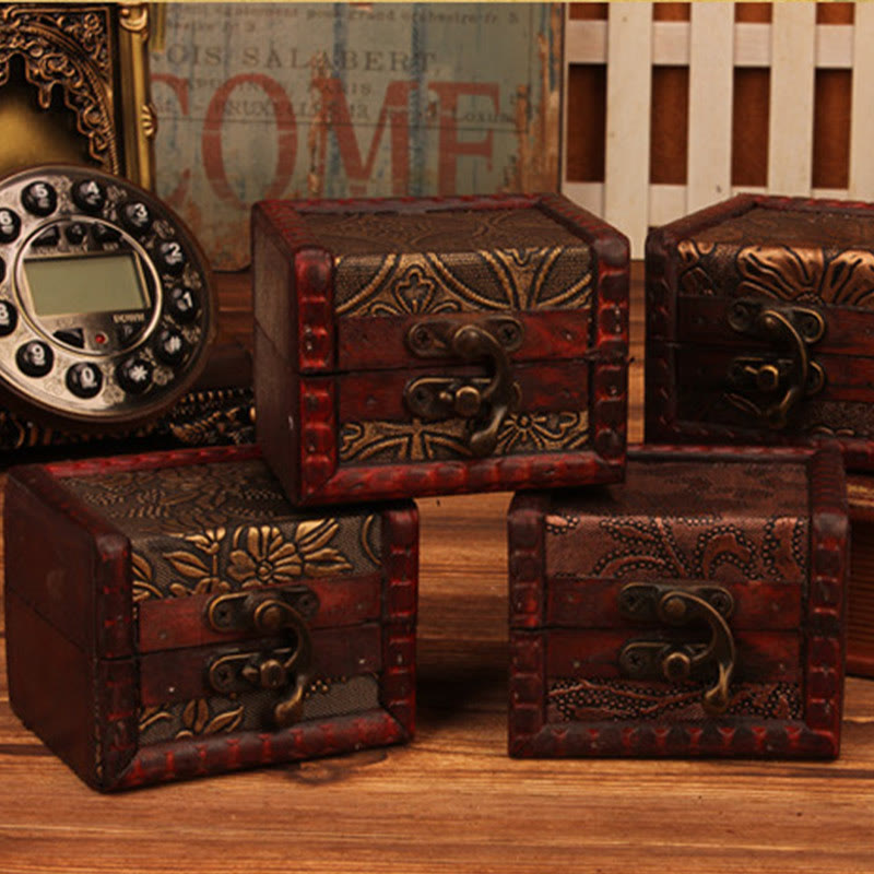 Buddha Stones Retro Małe Kwadratowe Drewniane Pudełko Na Biżuterię Kwiat Lotosu Trawa Winogrono Miedziana Moneta Żonkil Pudełko Do Przechowywania Biżuterii