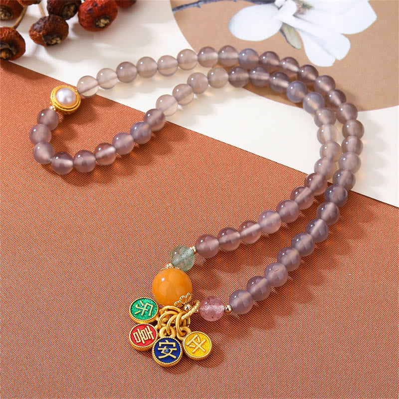 Bransoletka Buddha Stones Natural Grey Agat Peace And Joy Charm Balance Double Wrap