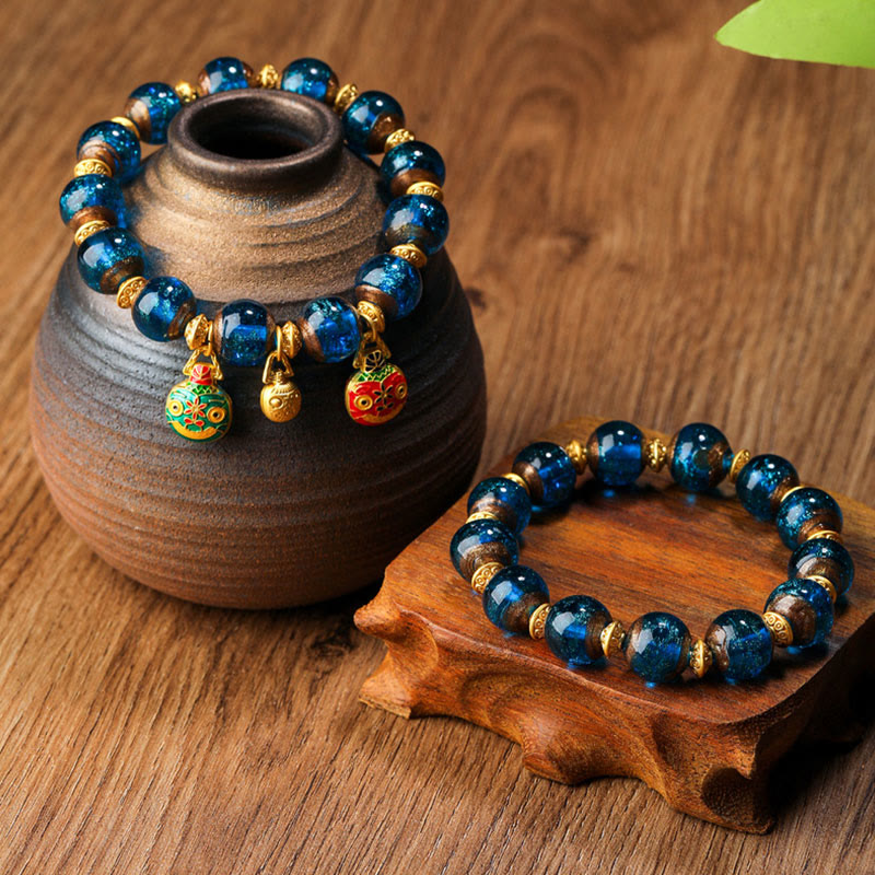 Buddha Stones Złota Połykająca Bestia Rodzina Charm Liuli Szklane Koraliki Bransoletka Fortuna