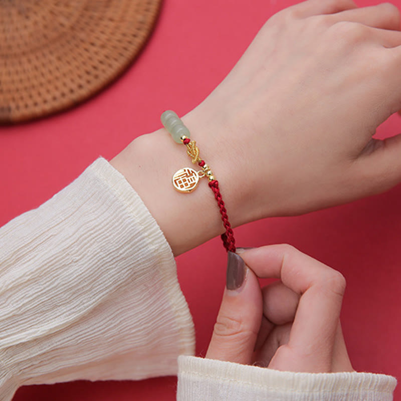 Buddha Stones ręcznie robione koraliki z jadeitu Fu Character Charm bransoletka z czerwoną liną