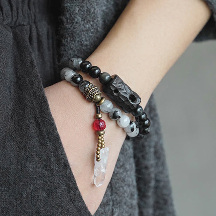 Bransoletka dla pary z czarnego kwarcu rutylowego, drewna hebanowego i białego kryształu