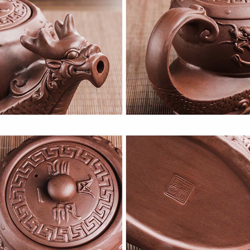 Buddha Stones Vintage Dragon Pomyślne Chmury Fioletowa Glina Ceramiczny Czajnik