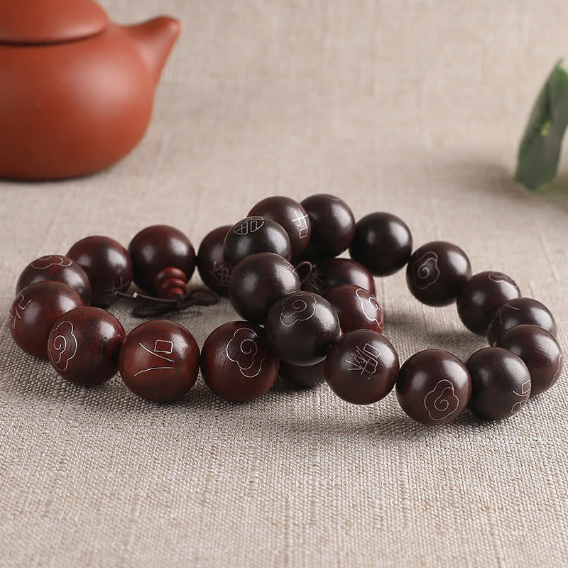 Buddha Stones 925 Srebro Inkrustowane Małymi Liśćmi Czerwonego Sandału Om Mani Padme Hum Charakter Pomyślne Chmury Bransoletka Ochronna