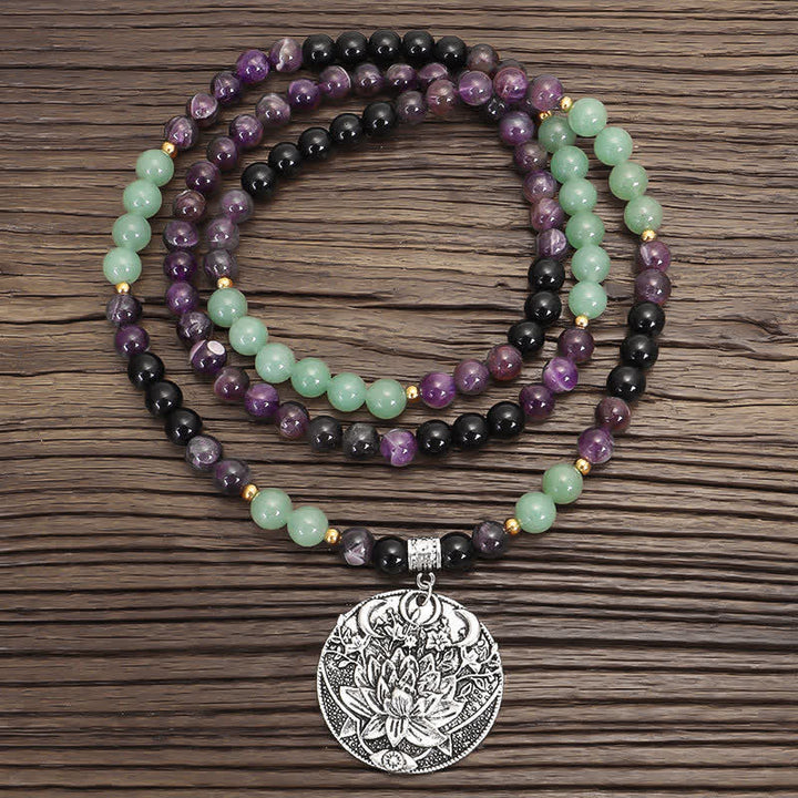 Buddha Stones 108 Mala Beads Ametyst Zielony Awenturyn Lotus Medytacyjna Bransoletka
