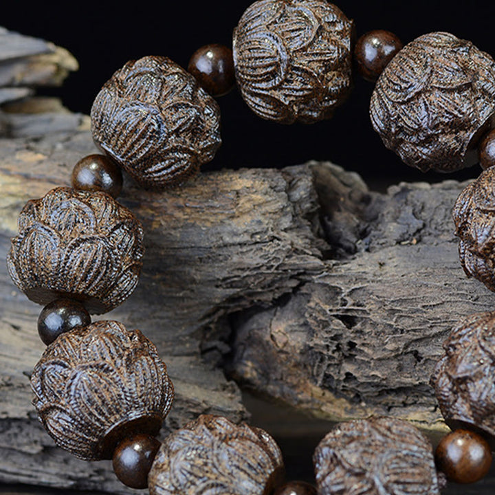 Buddha Stones Drewno Hebanowe Osiemnastu Arhatów Lotos Smok Grawerowana Bransoletka Równowagi