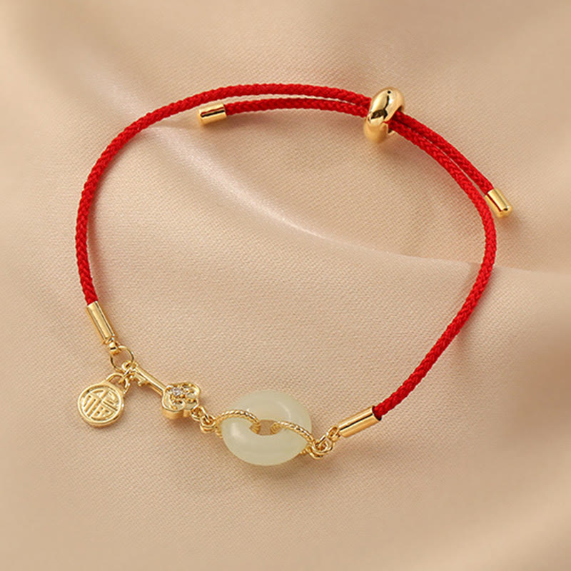 Buddha Stones 18K pozłacane Hetian Jade Peace Buckle Fu Character Luck Red Rope Bracelet