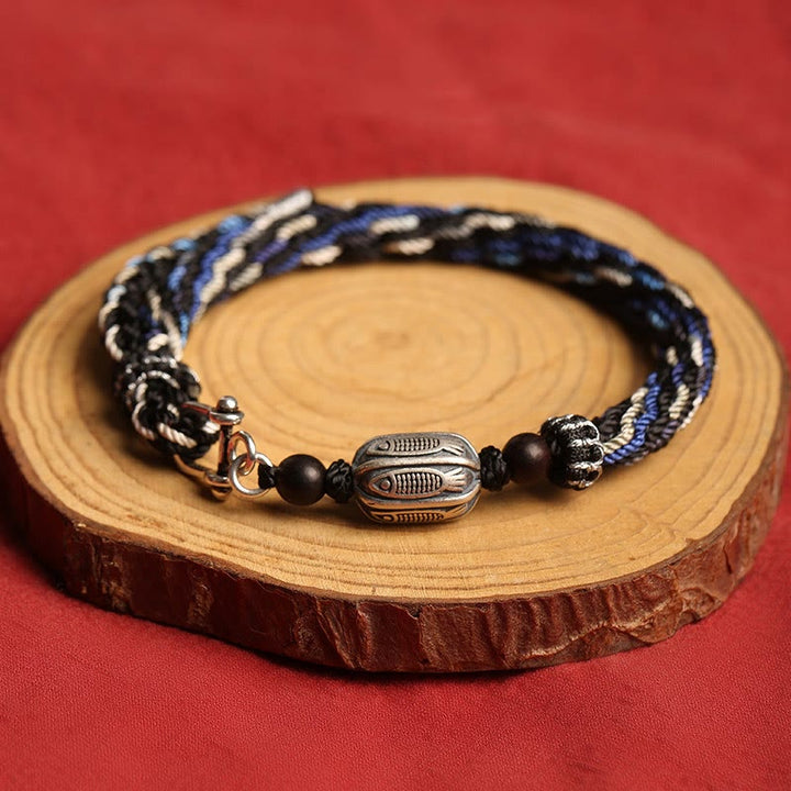 Bransoletka z Buddha Stones 925 ze srebra próby 925 z rybą Koi i bogactwem reinkarnacji, węzeł warkoczowy