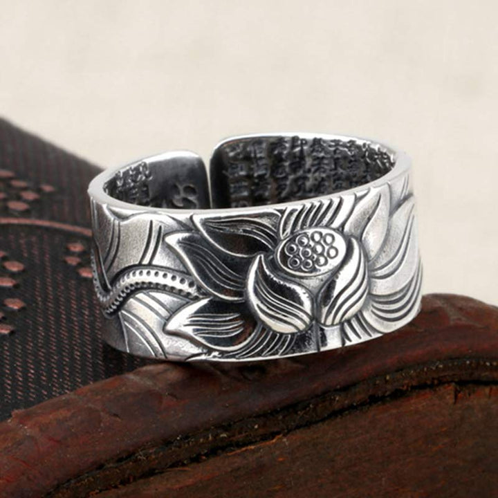 Buddha Stones 999 Srebrny Pierścień Ochronny Symbol Lotosu Sutra Serca