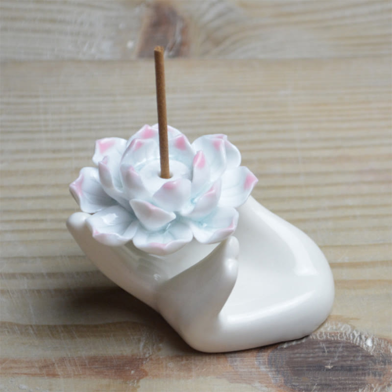 Buddha Stones Małe Ceramiczne Dłonie Lotosu Uzdrawiająca Medytacja Kadzielnica Dekoracja