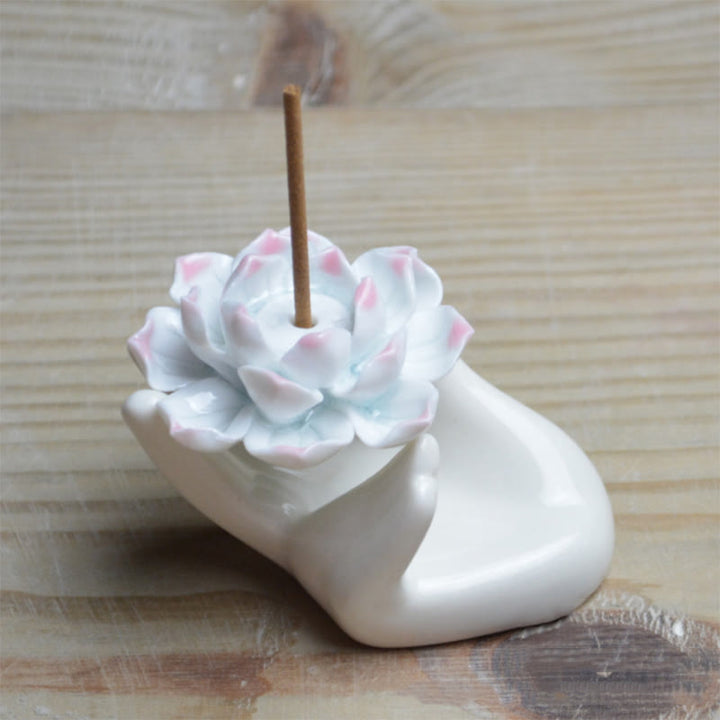 Buddha Stones Małe Ceramiczne Dłonie Lotosu Uzdrawiająca Medytacja Kadzielnica Dekoracja