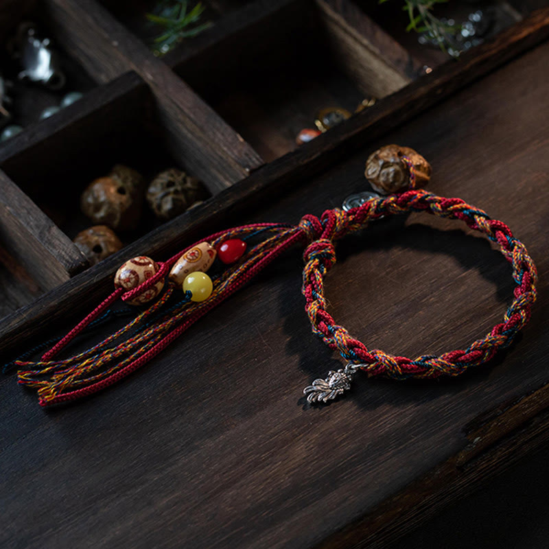 Buddha Stones Tybetańskie Ręcznie Robione Kolorowe Nici 925 Srebro Sterling Ochrona Ryb Koi Siła Bransoletka Sznurkowa